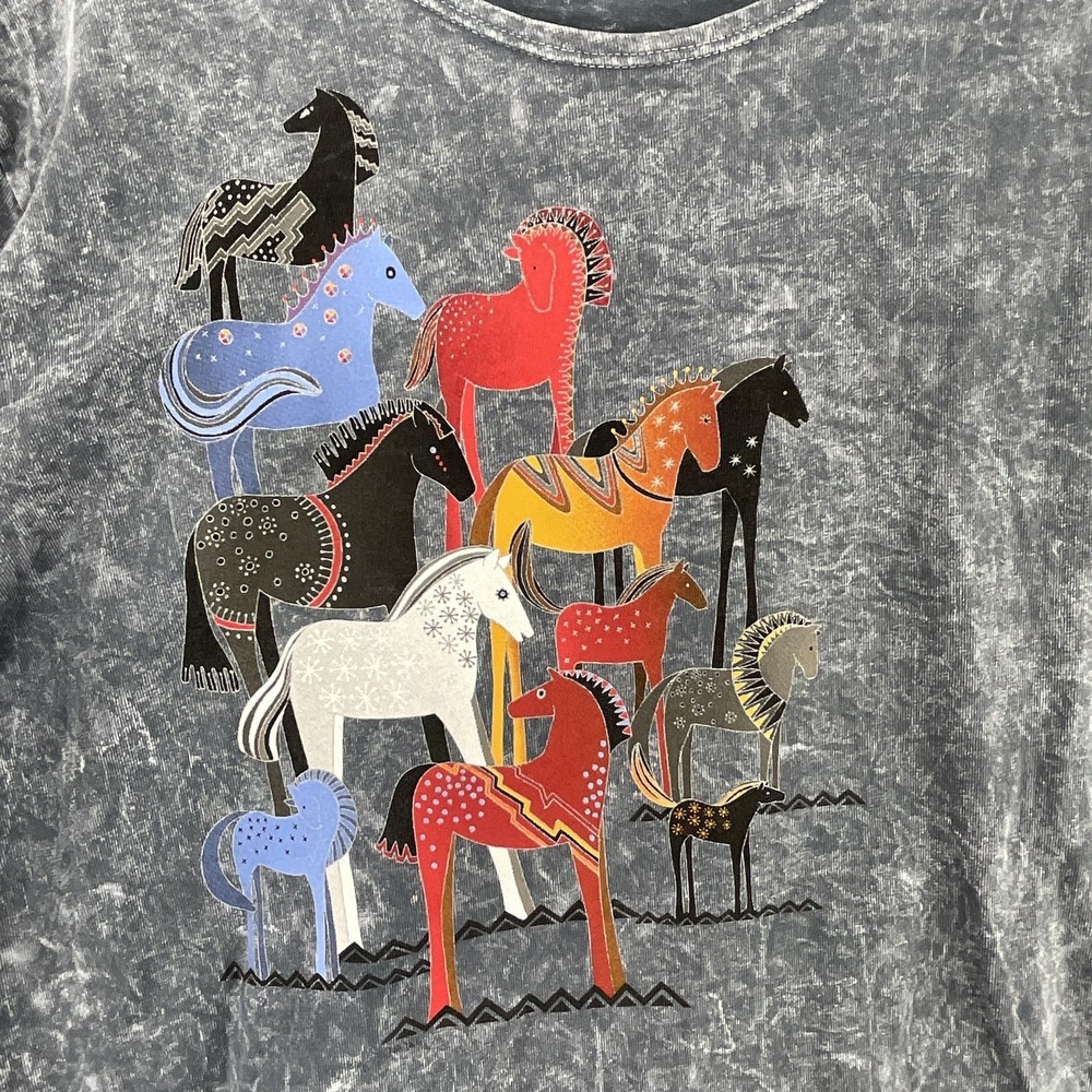 Sabaku T Shirt Tunic Womens M Gray Cotton Southwest Western Horses Made in USA